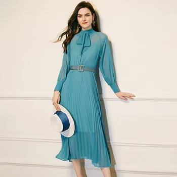 Elegantiška Panele Pavasario Lankas Apykaklės Midi Plisuotos Šifono Suknelė Moterims Dizaineris 2021 Visą Rankovėmis Drabužius Bohemijos Atostogų Šalis Vestido