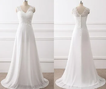 Elegantiškas klasikinis paprastas nėrinių V-Kaklo Duobute Šifono-Line Nuotakos Suknelė Vestuvių Suknelė realios nuotraukos foto fanweimei#9135 fabrikas