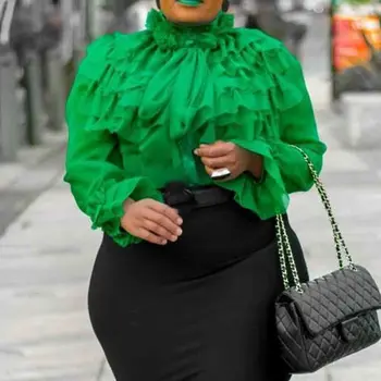 Elegantiškas Office Lady Paprastas Standartinis Palaidinė Žalios Raukiniai Ilgomis Rankovėmis Vasarą Moterys Viršūnes Palaidinė 2020 Marškinėliai Moteriška Falbala Marškinėliai