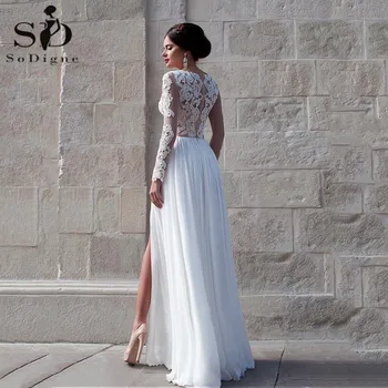 Elegantiškas Šifono Apvalkalą Vestuvių Suknelės 2020 V-kaklo, ilgomis Rankovėmis Padalinta Sijonas Princesė Nėrinių Appliques Paplūdimio Nuotakos Suknelė