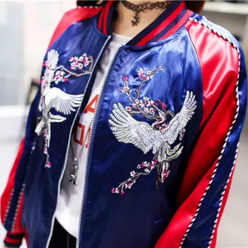 Elegantiškos Porų Gėlių Yokosuka striukė beisbolo Kailis Piloto Uniformą Krano siuvinėjimo Užtrauktukas Kontrasto spalvos striukė, Megztinis Viršūnės