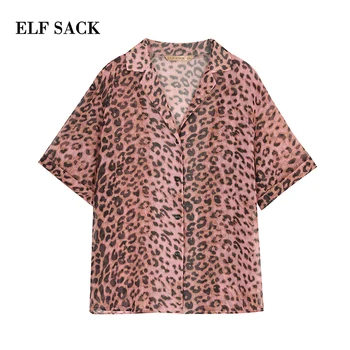 ELFSACK Pink Leopard Print Prarasti Atsitiktinis Moterų Šifono Marškinėliai 2020 M. Rudenį ELF Streetwear korėjos Seksualus Ponios Palaidinės Moteris Viršūnės