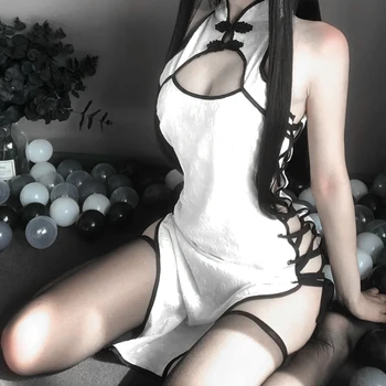 Erotinis Anime Cosplay Kostiumas Juodos ir baltos Ponios Suknelė Moterų Nėriniai Apranga Išgalvotas Slim Fit Atidaryti Krūtinės Vienodas Seksualus Cheongsam