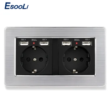 Esooli Black White Gold 2 Gaujos ES Standartinį elektros Lizdą Su 4 USB Mokestis Uosto Paslėptas Minkštas LED Indikatorius Nerūdijančio Plieno plokštė