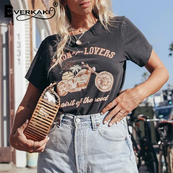 Everkaki Vintage marškinėliai Moterims Motociklo Modelio Retro Marškinėliai Tees&Viršūnes Trumpas Rankovės Boho Spausdinti Marškinėliai, Vasaros 2020 Naujas