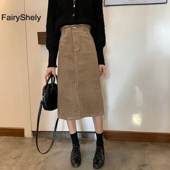 FairyShely Derliaus Ilgas Sijonas Moterų 2020 M. Velvetas Padalinta Sijonai Elegantiškas Korėjos Stiliaus Mados Kišenėje Aukštos Juosmens Midi Sijonas Femme