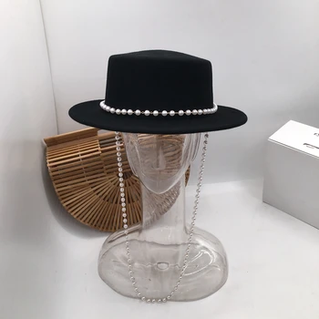 Fedora panama Trill big V big grožį su juodos vilnos skrybėlę mados moterų Britų pearl trumpas pastoge butas skrybėlę