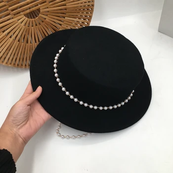 Fedora panama Trill big V big grožį su juodos vilnos skrybėlę mados moterų Britų pearl trumpas pastoge butas skrybėlę