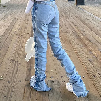 FNOCE 2020 m. rudenį moterų kankina džinsai aukštosios gatvės mados atsitiktinis aukšto juosmens plisuotos laisvas kelnes džinsinio keptuvės