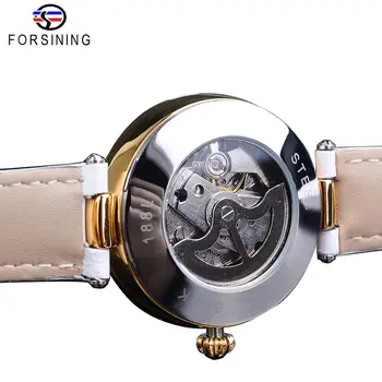 Forsining Gėlių Diamond White Automatinis Laikrodis Atsparus Vandeniui Šviesos Ranka Natūralios Odos Mechaninis Laikrodis, Data Laikrodžiai Moterims