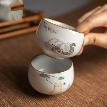 Gaivus ir mielas, katės savininkas taurės didelių pajėgumų keramikos teacup cute kačių porceliano arbatos puodelio kinijos kung fu taurės ZM822