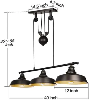 Ganeed Pramonės Derliaus Pakabukas Šviesos Kaimiškas Kabo Lempa Metalo Atspalvių Reguliuojamas Šviesos Virvė, Valgomasis, Gyvenamasis Kambarys Namo