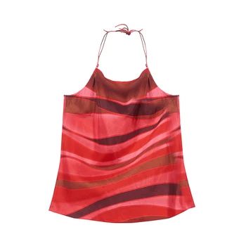 [Gedimas] Natūralaus Šilko Moterų Camisole Kabinti Ant Kaklo Liemenė Jungiamąją Camisole Reguliuojamo Ilgio Raudona Juostele Mados Lady Camisole