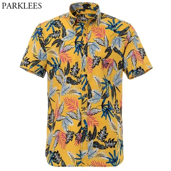 Geltona Mens Havajų Marškinėliai 2020 Metų Vasaros Trumpomis Rankovėmis Gėlių Spausdinti Beach 