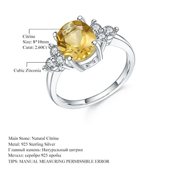 GEM BALETO Klasikinis Ovalo formos Sidabro 925 Žiedo Fine Jewelry 2.60 Ct Natūralus citrinas rašė Osioms Žiedai Moterims, Dovana Draugei