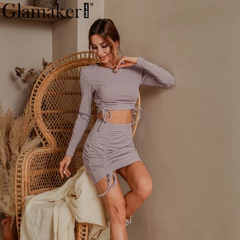Glamaker Raišteliu violetinė dviejų dalių komplektas suknelė moterims ilgomis rankovėmis pasėlių viršuje ir sijonas kostiumas rinkiniai moterų mados seksualus klubas komplektai