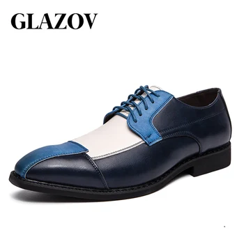 GLAZOV Prekės ženklo Mados Pavasario Rudens Naujas Vyrų Brogue batai Bullock Vyrų Suknelė, Batai Žmogus Vestuvių Batai suvarstomi Mišrios Spalvos Balta/Mėlyna