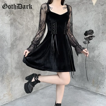 Goth Tamsaus Aksomo Derliaus Gotikos Nėrinių Kratinys Suknelės Juoda Cosplay Tvarstis Priekiniai Ilgomis Rankovėmis Moterų Suknelė Plonas Clubwear Rudenį