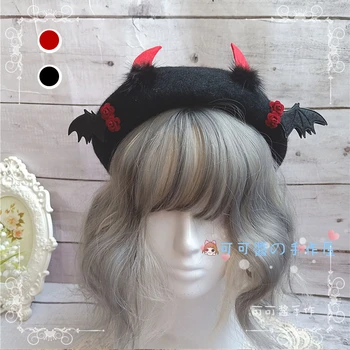 Gotikos Stilius Black Devil Gpgb Sparno Lolita Blynas Hat, Black Vyno Raudona Beretė Moterų Cosplay Reguliuojamas, Vilnos Mišinys Dailininko Skrybėlę
