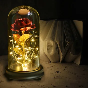 Grožio ir Žvėrys Dirbtinės Gėlės Amžinąjį Aukso Folija Rose su LED Šviesos Stiklo Kupolas Naktį Lempos Gimtadienio Dovana Mergaitėms
