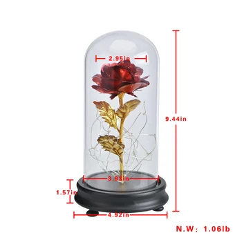 Grožio ir Žvėrys Dirbtinės Gėlės Amžinąjį Aukso Folija Rose su LED Šviesos Stiklo Kupolas Naktį Lempos Gimtadienio Dovana Mergaitėms