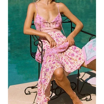 GypsyLady Pink Gėlių Strappy Suknelė Vasaros Atostogų Seksualių Moterų Suknelė su V-kaklo Backless Raukiniai Lady Moteriška Ilga Suknelė 2021 Naujas