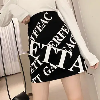 Harajuku Mini Sijonai Moterų 2020 M. Korėjos Stiliaus Streetwear Prašmatnus Laiškas Spausdinti Aukšta Juosmens Linija Bodycon Ponios Sijonas Juodas B329