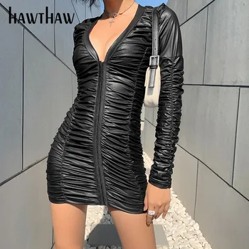 Hawthaw Moteris Rudens-Žiemos Ilgomis Rankovėmis V-Kaklo, Plisuotos Bodycon Black Pu Odos Mini Trumpą Suknelę 2020 Moterų Drabužių Streetwear