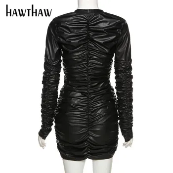 Hawthaw Moteris Rudens-Žiemos Ilgomis Rankovėmis V-Kaklo, Plisuotos Bodycon Black Pu Odos Mini Trumpą Suknelę 2020 Moterų Drabužių Streetwear