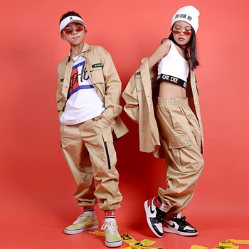 Hip-Hop Kostiumai Gatvės Šokių Drabužių Mergaitės Berniukai Chaki Marškinėliai, Kelnės Etapo Rezultatus Dėvėti Džiazo Šiuolaikinių Šokių Aprangą Vaikas DN4635