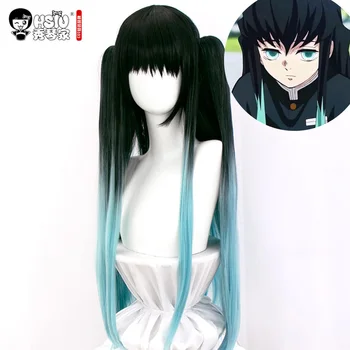 HSIU Tokitou Muichirou Perukas Anime Cosplay Perukas Demon Slayer: Kimetsu nr. Yaiba Juodos spalvos gradientas mėlyna ilgi plaukai