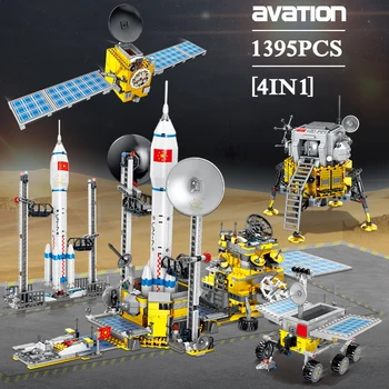 HUIQIBAO 4in1 Kosminės Stoties Pradėti Shuttle Raketų Mėnulio Lander Blokai Miesto Astronautas Statybos Plytų Vaikams, Žaislai