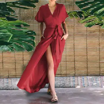 Ilgas Chalatas Moterims Vasaros Šalis Suknelė Paplūdimio Sundress VONDA 2021 metų Moteris Padalinta Kaftan Maxi Ilgio Suknelės Kietas Vestidos