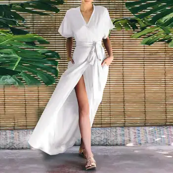Ilgas Chalatas Moterims Vasaros Šalis Suknelė Paplūdimio Sundress VONDA 2021 metų Moteris Padalinta Kaftan Maxi Ilgio Suknelės Kietas Vestidos