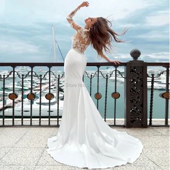 Ilgomis Rankovėmis Undinė Vestuvių Suknelės Vien Samtelis Iškirpte Aplikacijos Satino Nuotakos Suknelė Mygtukus Atgal Boho Vestuvių Suknelės Brides 2020 M.