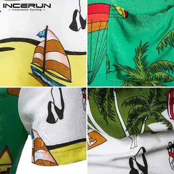INCERUN Vasaros Havajų Marškinėliai Vyrams Laisvalaikio Spausdinti Camisa Trumpas Rankovės Atvartas Mygtukai Chemise 2021 Prarasti Kvėpuojantis Blusas S-5XL7