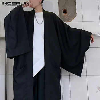 INCERUN Vyrų Black Megztinis Marškinėliai Atsitiktinis Atidaryti Dygsnio Outwear Vyras Tranšėjos ilgomis Rankovėmis Ilgi Paltai Mados Japonų Stiliaus Yukata Viršūnės