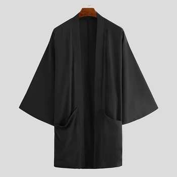 INCERUN Vyrų Black Megztinis Marškinėliai Atsitiktinis Atidaryti Dygsnio Outwear Vyras Tranšėjos ilgomis Rankovėmis Ilgi Paltai Mados Japonų Stiliaus Yukata Viršūnės