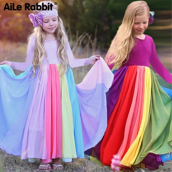 Ins Rudenį ilgomis rankovėmis Mergaitėms Šifono Suknelė Nauja Rainbow Suknelė Spalvinga Spalvos Suknelės Vaikų Šalis Suknelė Princesė