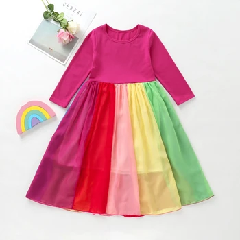 Ins Rudenį ilgomis rankovėmis Mergaitėms Šifono Suknelė Nauja Rainbow Suknelė Spalvinga Spalvos Suknelės Vaikų Šalis Suknelė Princesė