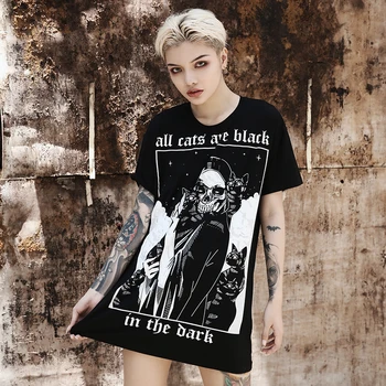InsGoth Harajuku Kaukolė Peint T-marškinėliai Moterims Prarasti Black marškinėliai Gotikos Grunge Punk Halloween Party Ilgai Viršūnes Moterų marškinėliai