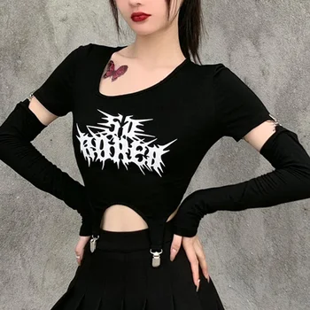 InsGoth Streetwear Punk Letter Spausdinimo Juoda Viršuje Harajuku Gotikos Ilgomis Rankovėmis Kratinys Apkarpyti Viršūnes Moterų Sexy Tuščiaviduriai Iš Viršūnės
