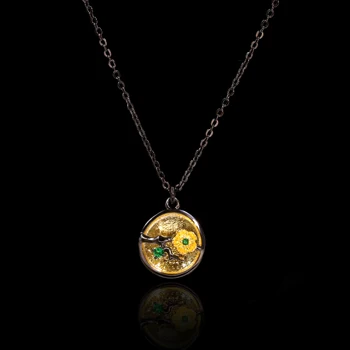 Italijos Juvelyrikos Retro 925 Sterlingas Sidabro Karoliai Pakabukas Moterų Filialas Gėlių Apdaila Emerald Black Gold Filled Clavicle Grandines