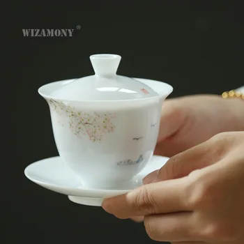 Jade molio ranka-dažytos balta porceliano Kinų stiliaus Kung Fu arbatos rinkinys keramikos didelis underglaze spalva arbatos dubenėlį jingdezhen arbatos puodelio