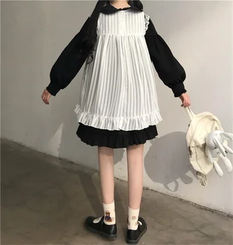 Japonijos Lolita Stiliaus Moterims, 2 Vnt Grynasis Verpalai Mini Suknelė 2020 M. Rudenį Peter Pan Apykaklės Raukiniai Mielas Kawaii Cosplay Mergina Suknelės