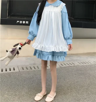 Japonijos Lolita Stiliaus Moterims, 2 Vnt Grynasis Verpalai Mini Suknelė 2020 M. Rudenį Peter Pan Apykaklės Raukiniai Mielas Kawaii Cosplay Mergina Suknelės