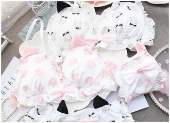 Japonijos Lolita Underwear Nustatyti Mielas Spausdinti Katės Letena Patogus Taškus Moterų Artimieji Liemenėlė ir Juosmenėlės Nustatyti Ultra Plonas Liemenėlė