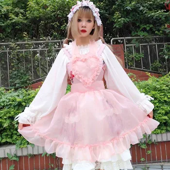 Japonijos princesė vasaros tinklelio suknelė Lolita širdies formos prijuostė minkšta sesuo kawaii girl skaidrus paburkę akių cosplay