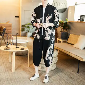 Japonijos Streetwear Marškinėliai, Šortai Nustatyti Tracksuit Vyrų Plius Dydis Kimono+Apkarpyti Kelnės Drabužiai Vyrams Vasara Dviejų dalių Komplektas XXXXXL
