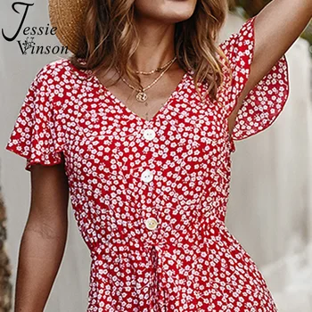 Jessie Vinson Vasaros Gėlių Spausdinti Midi Suknelė Moterims trumpomis Rankovėmis V-kaklo, Gėlių Suknelės Vasaros Ruffles Rankovėmis Suknelė Vestidos 2020 m.